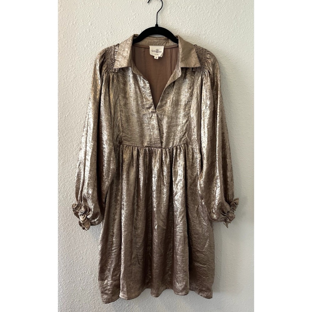 Umgee Babydoll Dress Women's Medium Metallic Gold Shimmery Collared V-Neck Boho